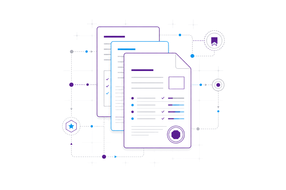 Technical standards documents with subtle learning data and credential motifs — open interoperable education standards
